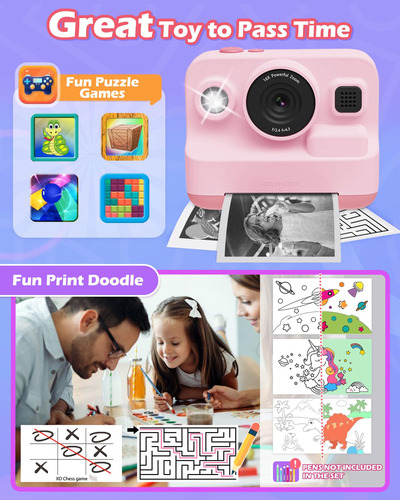 Instant Print Camera Anchioo For Kids W/ 3 Print Paper Pink