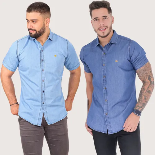 Kit Camisa Jeans Azul Masculina Botão Social Lisa Elegante