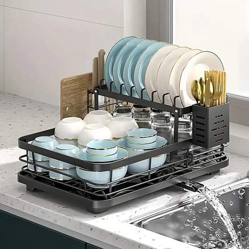 Double-layer Iron Dish Drying Rack With Drain Plate, Y