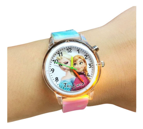 Reloj Frozen Princesas Ana Y Elsa Con Luz Niñas Infantil Correa Rosa Claro Bisel Plateado