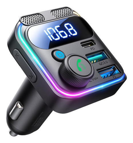 Transmisor FM Bluetooth 5.3 para Auto con Adaptador Bluetooth PD 48W - Carga Ultra Rápida QC3.0, Micrófonos Dobles con Reducción de Ruido, Salida AUX HiFi Estéreo