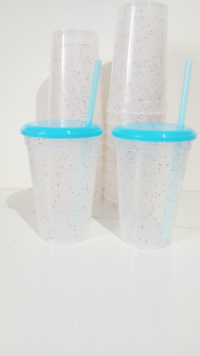 Vaso Glitter Tapa Plana X 35 U Celeste Pastel