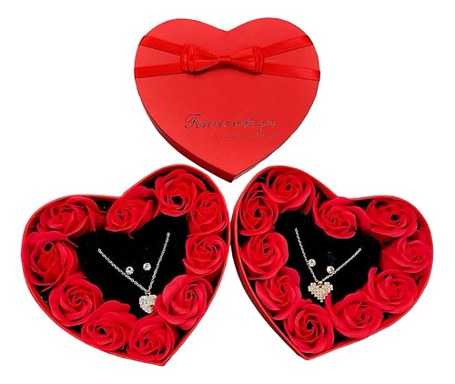 Estuche De Corazon Con Flores Jabón +collar +aretes Regalo