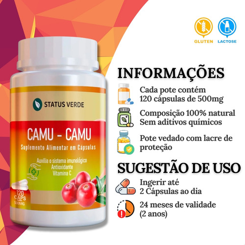 2 Potes Camu-camu 500mg 100% Puro Natural Kit 120 Cáps - Status Verde