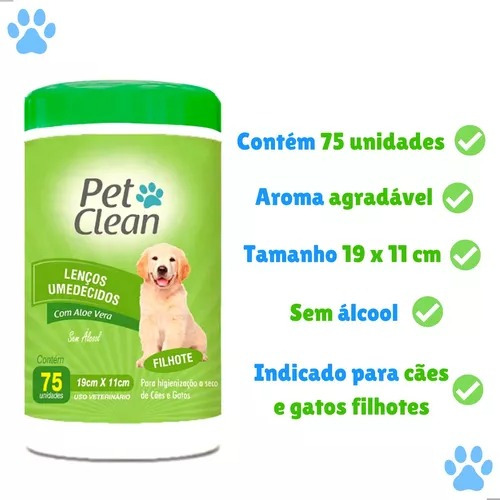 Lenço Umedecido P/ Cães Gatos Filhotes C/ 75 Und Pet Clean
