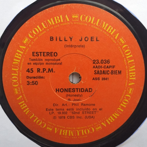 Billy Joel - Honestidad / Mi Vida - Simple Vinilo Año 1978