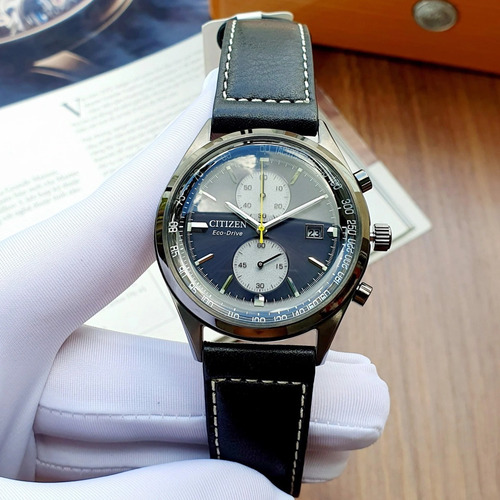 Citizen Chandler Black Leather Chrono Ca7027-08e Color de la correa Negro Color del bisel Plata Color del fondo Negro