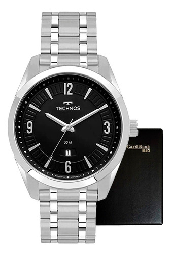Relógio Technos Masculino Grande Prata 2115msq/1p - Todo Aço Cor Do Fundo Preto