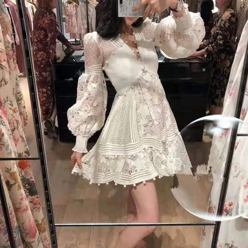 Vestido De Manga Larga Con Cuello En V De Encaje De Talla Gr