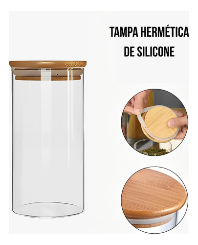 Kit 03 Potes Hermético De Vidro Com Tampa De Bambu 1000ml