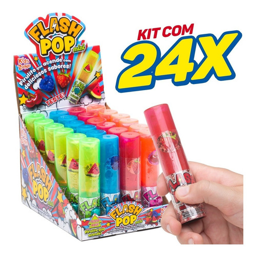 Kit 24x Pirulito Que Acende Flash Pop Mini Bastão Sabores 
