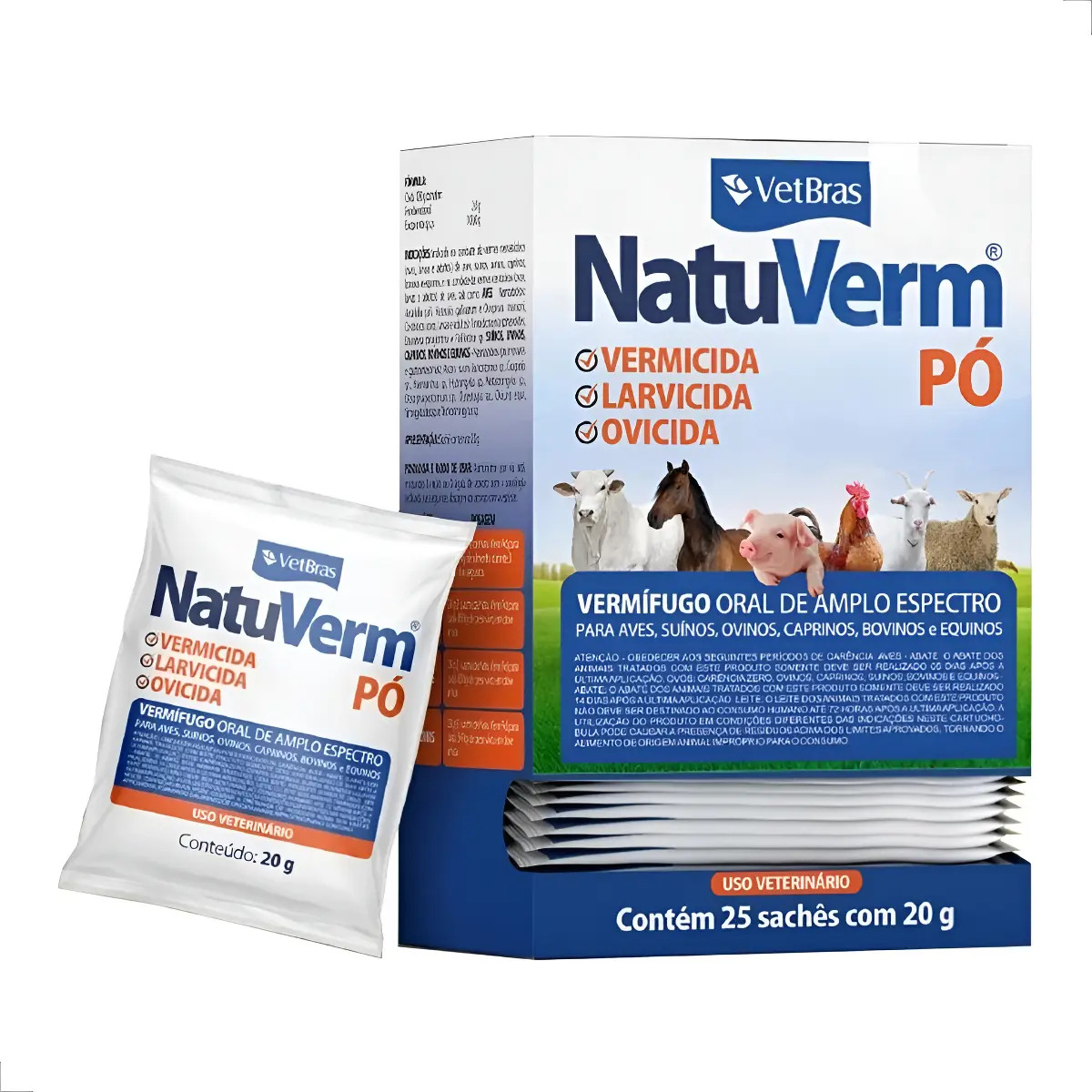 Vermífugo NATU VERM PÓ Azul Pet 25un Cavalos Bovinos Caprinos Suínos Aves