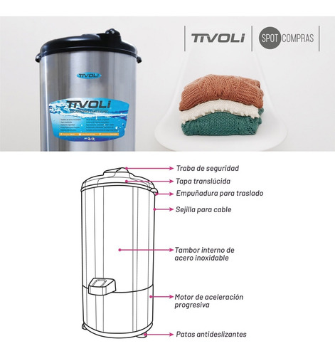 Secarropas Centrifugo Tivoli Acero Inoxidable 6,5kg Tvi-si62
