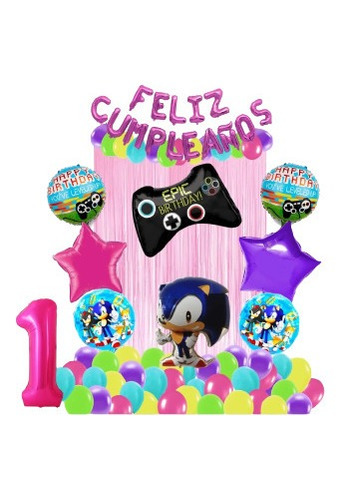 Decoración Sonic, Globos Metalizados Y Latex, Fiesta Cumple 