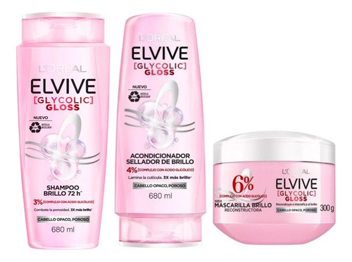 Elvive Glycolic 680ml Shampoo + Acondicionador + Mascarilla