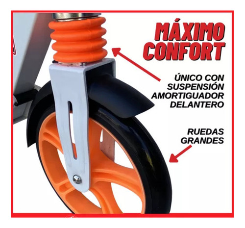Monopatín Plegable Blanco Aluminio Súper Reforzado Ruedas Grandes 20cm Base Antideslizante Amortiguación Delantera Freno Chapa Resistente Manubrio Ajustable Soporta Hasta 100kg Ideal Adultos Niños