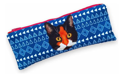 Estuche Plano ,lapicero ,diseño Boho Azul Con Gatita Calico