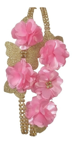 Imagem 1 de 2 de Faixa De Cabeça Elástica Luxo Com Flores Borboleta Bebê