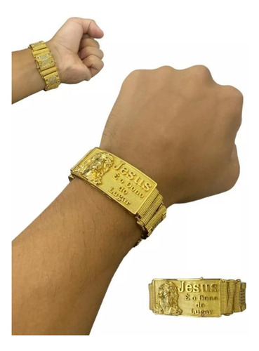 Bracelete Jesus É O Dono 18mm Banhado A Ouro 18k Cravejado