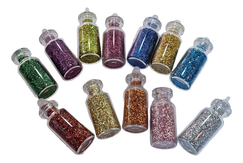 Set 12 Colores Glitter En Frasco Uñas Resina