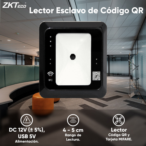 ZKTECO Lector Esclavo de Código QR, NFC y Tarjeta Mifare Frecuencia 13.56MHz Modelo QR500B / DC 12V o 5V por USB / Cable USB Incluido / Conexión Wiegand / Compatible con Paneles InBio y Serie C3