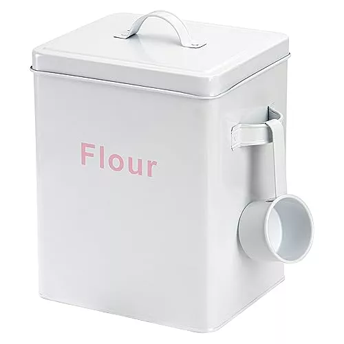 Youeon 1.5 Gallon Metal Flour Storage Container with Airtight Lid and  Measuring Scoop, Square Flour Canister with Handle, White Flour Canister  for