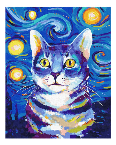 Conjunto Pintura Diamante 5d, Motivo Gato Van Gogh, 40x30cm