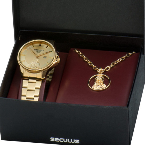 Kit Relógio Seculus Masculino Com Colar Jesus 28919gpskda1k1