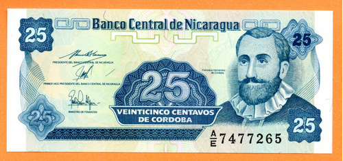 Billete Nicaragua 25 Centavos, Pick 170a.2, Año 1991 (unc)