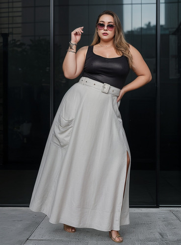 Saia Evasê Longa Com Bolso Fenda Zíper E Cinto Plus Size