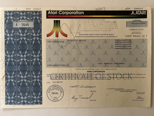 Documento Accionario De Atari Corporation Únicas En M.l. (Usado)