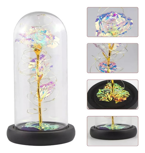 Flor Rosa Eterna Encapsulada Cristal Luz Led Calida Artifici Color Tornasol Iridiscente
