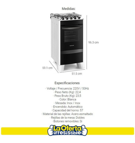 Cocina Continental A Gas 4h Horno 57l Perillas En Mesada Loi