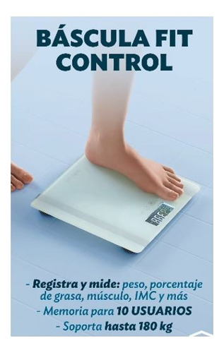 Báscula Digital Fit Control, 180 Kg Peso, Grasa, Agua, Imc