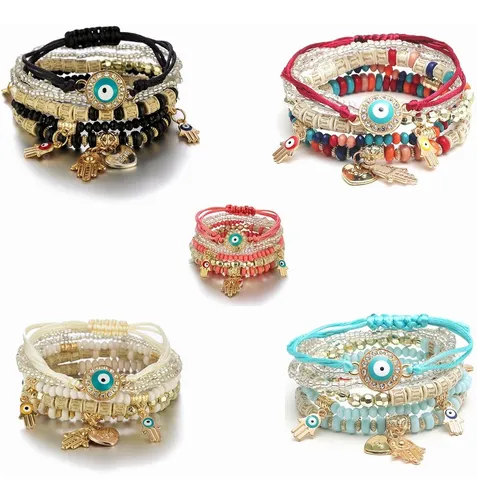 comprar 5 Set Pulseras Amistad Cuentas Boho Multicapa Evil Eye Hamsa