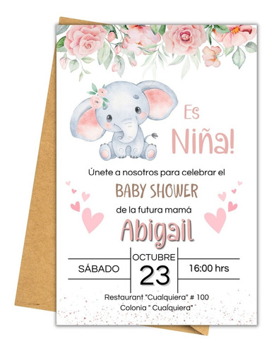 Invitación Baby Shower Niña Imprimible Digital Elefante 