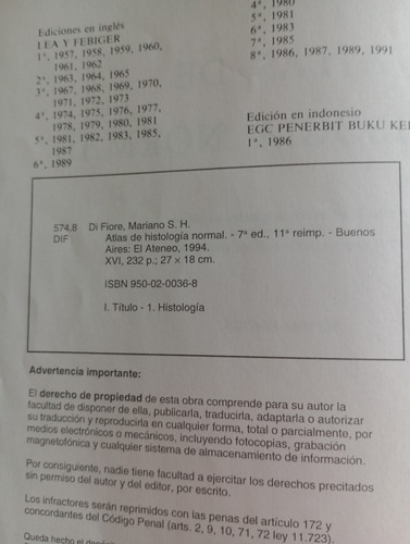 Atlas De Histología Normal 7ma. Edición Di Fiore (Usado)