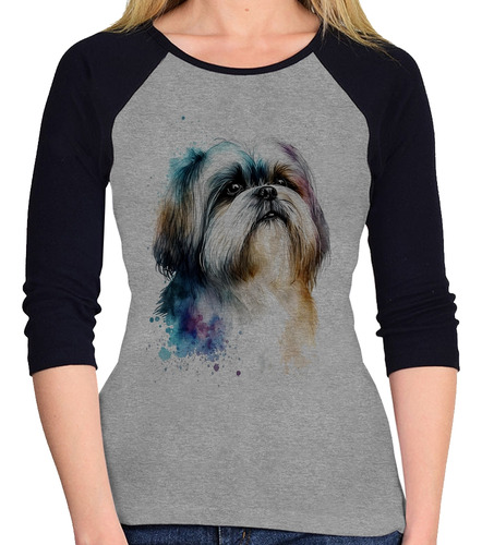 Baby Look Raglan Cachorro Shih Tzu Watercolor 3/4