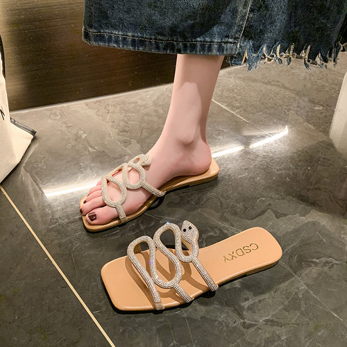 Sandalias Con Estampado De Serpiente Y Tacón Plano, Zapatill