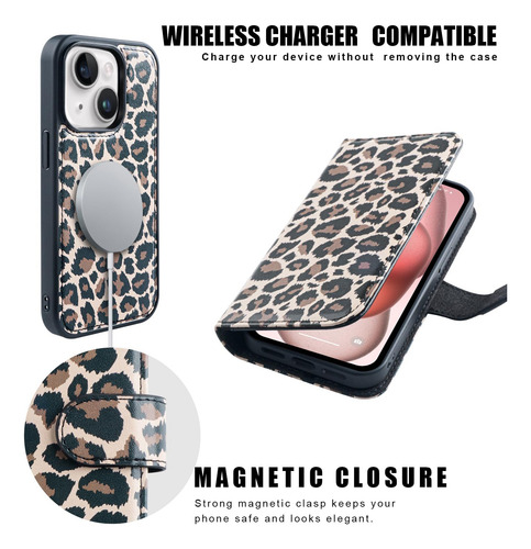 Funda Para iPhone 15 Plus Cartera Desmontable En Leopardo