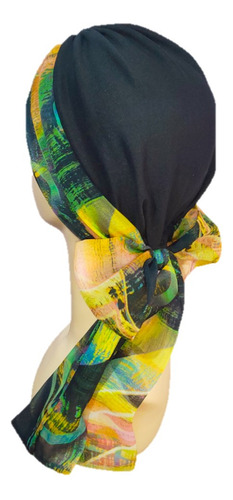 Turbante Oncológico Para Mujer De Algodón C/ Banda Mascada Color Negro Amarillo Multicolores