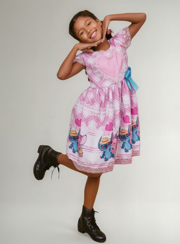 Vestido Infantil Festa Junina Stitch Rosa Com Coração Renda