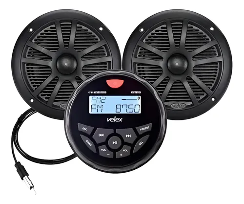 Som Bluetooth Náutico Preto Redondo Kit Velex Lancha Barco Som Bluetooth Náutico Preto Redondo Kit Velex Lancha Barco