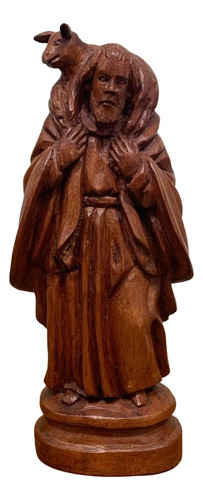Estatueta Pastor Com Ovelha Em Madeira Bordô
