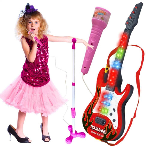 Instrumentos Musicais Guitarra + Microfone Infantil Menina