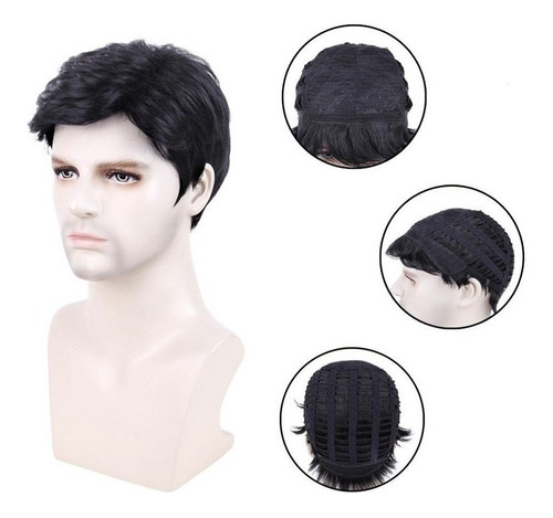 Imagen 4 de 9 de Peluca Para Hombre, Natural, Negra, De Fibra Corta, Para Hom