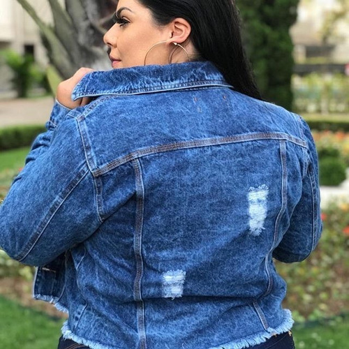 Imagem 2 de 5 de Jaqueta Jeans Feminino Plus Size Rasgada Blusa Agasalho Frio