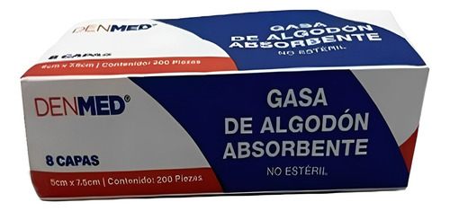 Gasa Simple Denmed Absorbentes 100% Algodón 5x7.5cm 200 Pzas Color Blanco