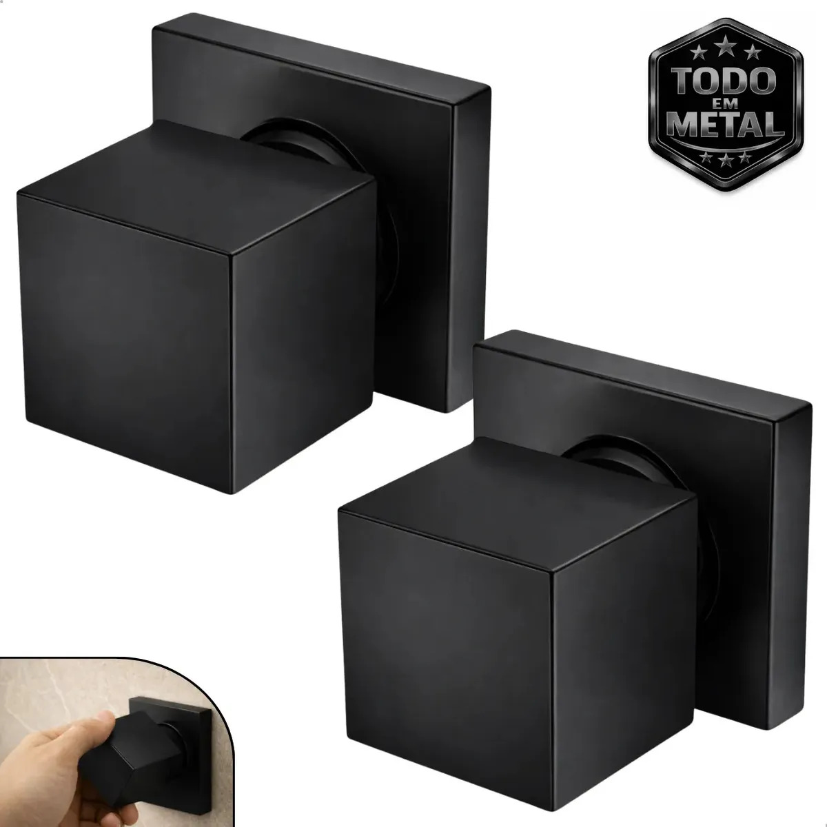 Kit 2 Acabamento Registro Chuveiro Quadrado Para Registros de Padrão Deca 16 Estrias 1/2 e 3/4 e 1 Polegada 100% Todo Metal Preto Fosco Com Kit Fixação Completo Parede Banheiro Ger