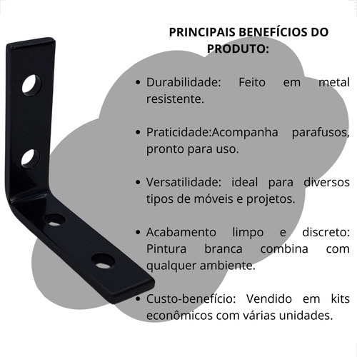 Cantoneira L Para Moveis 2,5 Pol 30x30x12mm Preta C/ 10 Pçs